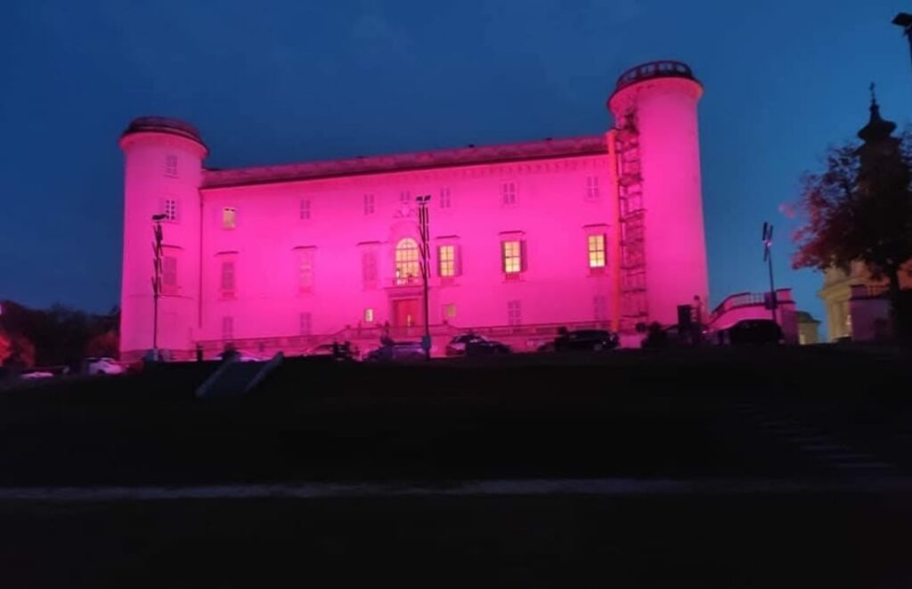 Luce rosa della facciata del Castello di Costigliole d'Asti per festa del vino Maxvh
